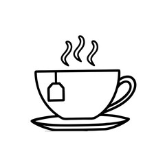 Minimalist line drawing of a tea cup with steam and tea bag for beverage branding