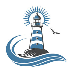 Stylized lighthouse with waves and seagull, symbolizing guidance and maritime themes