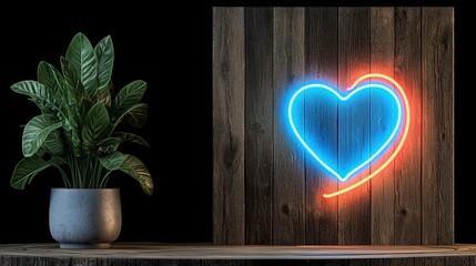 Neon Heart Decoration with Potted Plant on Wooden Background for Home and Office Decor