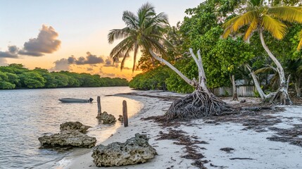 Fototapeta premium Serene Sunset at Tropical Beach with Palm Trees and Boat