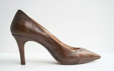 Obraz premium Bronze high-heeled shoe with a pointed toe and glossy finish on a clean white background