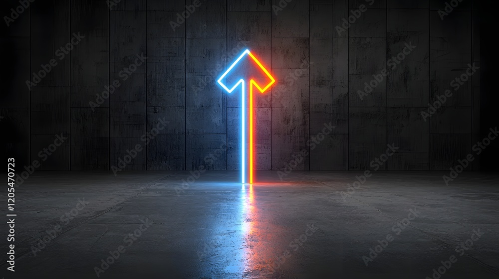 Poster Radiant light arrow pointing upward glowing with bright vibrant colors and symbolizing velocity and dynamic motion against a dark contrasting background  The image conveys a sense of energy power