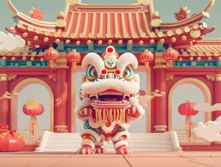 Majestic Lion Performing Respectful Bow at Ornate Chinese Gate in Festive Pastel Tones