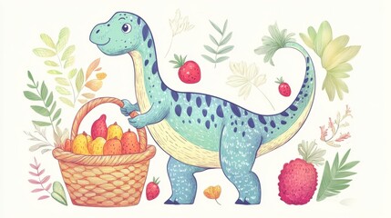 Fototapeta premium Cute Dinosaur with Basket of Fruits Surrounded by Vegetation