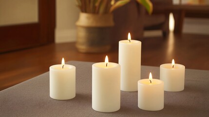 Serene Lit Candles on Tabletop Soft Focus Background