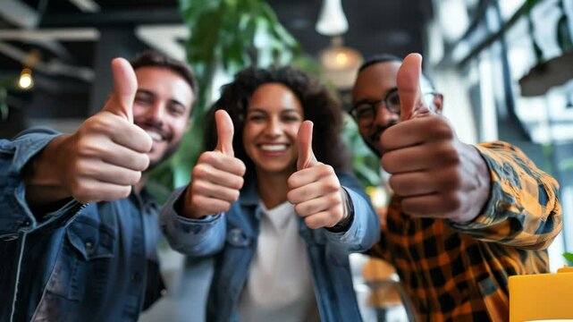 Portrait of young diverse employees workers show thumb up recommend good quality company service. Smiling multiethnic colleagues celebrate shared business success or victory in office	