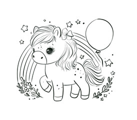 Fototapeta premium Cute Hand-Drawn Pony Illustration with Flower Decoration in Black and White Style. Line Art Drawing for Coloring and Kids' Creative Activities