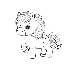 Cute Hand-Drawn Pony Illustration with Flower Decoration in Black and White Style. Line Art Drawing for Coloring and Kids' Creative Activities