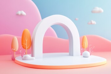 A whimsical 3D landscape featuring a white arch, colorful trees, and soft clouds against a pastel blue and pink backdrop.
