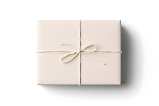 Gift box mock up wrapped in craft paper and ribbon isolated on white	