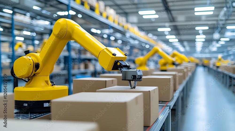 Aufkleber Automated packaging robots efficiently sorting organizing and boxing various products in a modern technology driven warehouse setting showcasing the future of smart