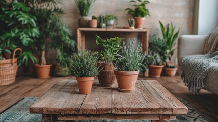 Eco home design reclaimed wood coffee table with indoor plants. Wooden coffee table with houseplant