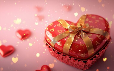 A vibrant red heart-shaped chocolate box with a golden bow, surrounded by glowing hearts on a pastel pink background for valentines day and womens day