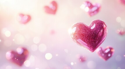 Obraz premium Shimmering Pink Hearts Floating in Soft Light Background