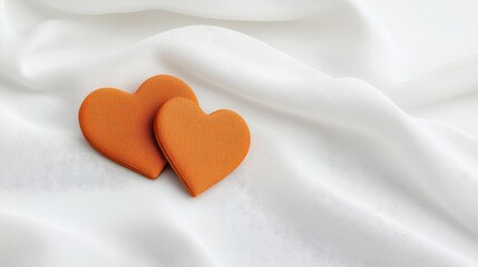 Obraz premium Two Vibrant Orange Heart Shapes on Soft White Fabric Background for Romantic Themes