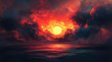 Fiery sunset over dark ocean, dramatic cloudscape; background ideal for fantasy or apocalyptic themes