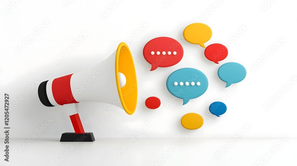 Aufkleber dynamic megaphone emitting colorful speech bubbles on a sleek white background symbolizing the power