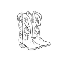 Detailed Cowboy Boot Line Art Illustration in Black and White Western Style