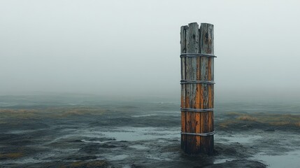 Obraz premium Foggy moorland, weathered post, wired securely.