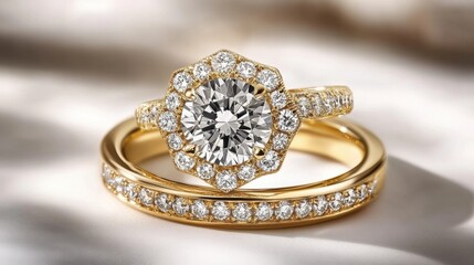 Gold wedding ring set displayed on a soft white background with subtle light reflections