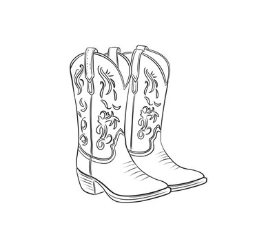 Detailed Cowboy Boot Line Art Illustration in Black and White Western Style