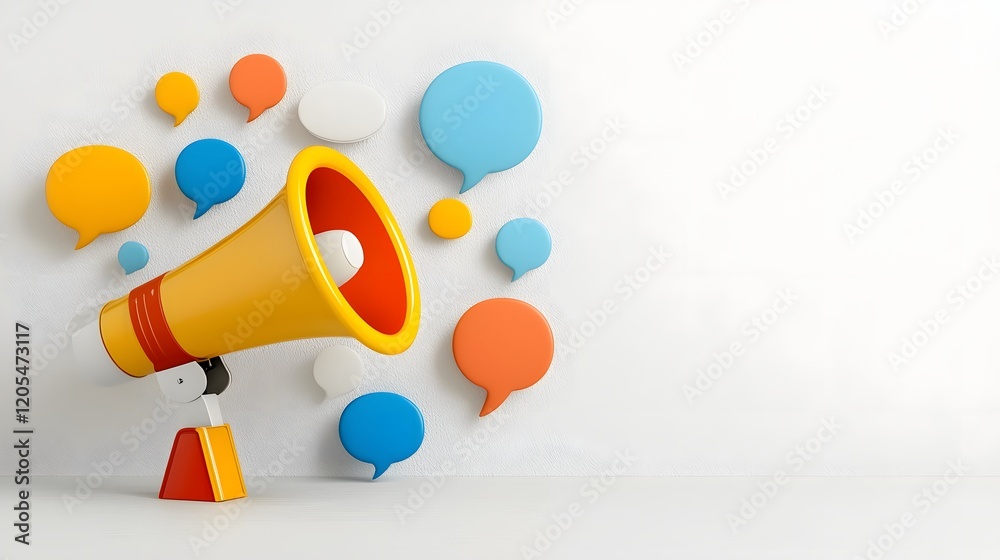 Aufkleber Colorful and bold megaphone with a cascade of speech bubbles on a clean minimalist background symbolizing social media marketing campaigns and digital communication