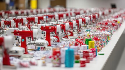 Obraz premium High-speed sewing machines lined up in an efficient assembly line