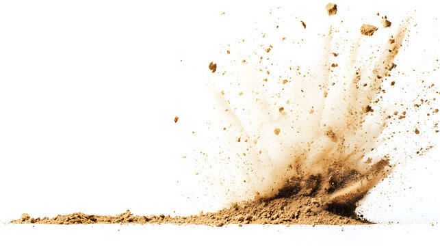Dry soil realistic explosion side view Isolated on white background