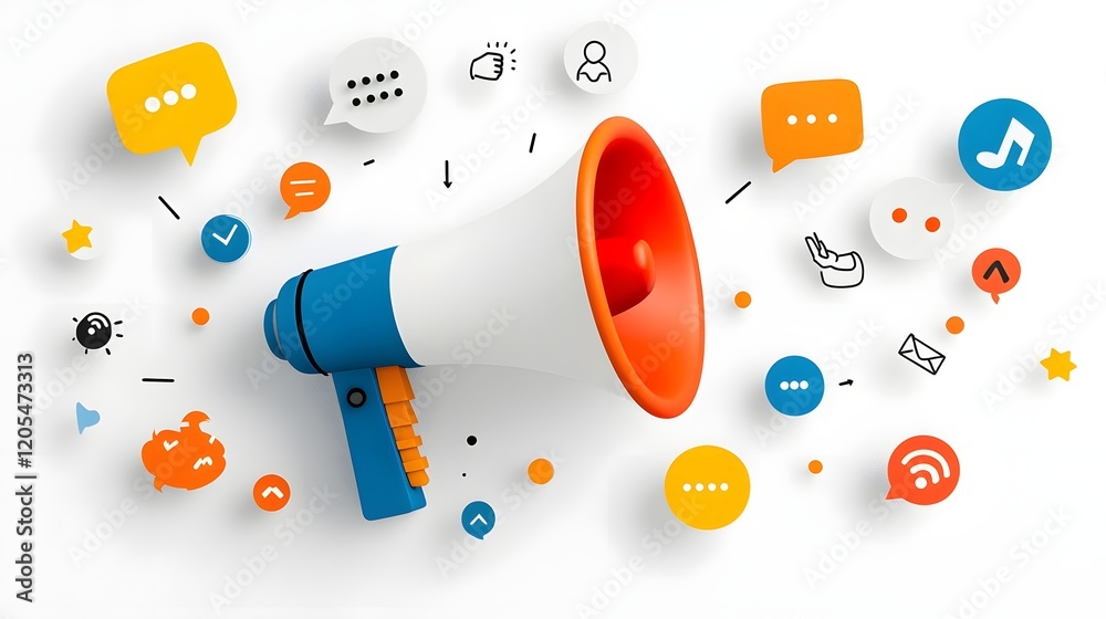 Fototapete vibrant megaphone with colorful speech bubbles floating in space on clean white gradient background 