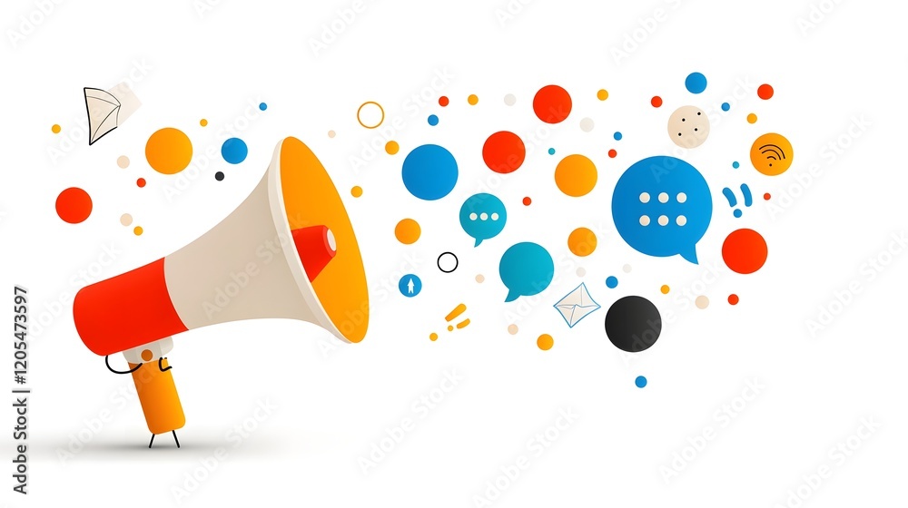Poster vibrant megaphone with bold colorful speech bubbles on minimalist background symbolizing modern mark