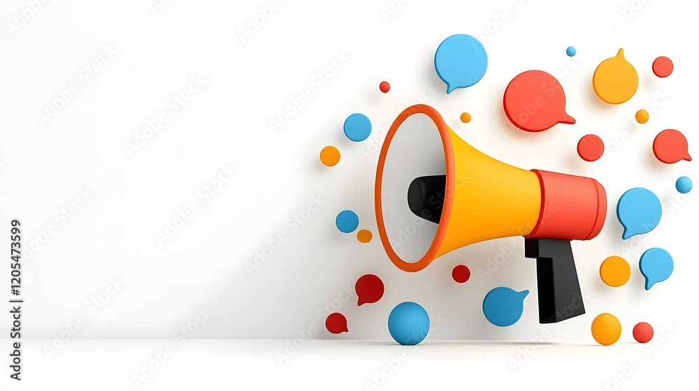 Leinwandbilder vibrant and bold megaphone with a burst of colorful speech bubbles against a clean white background 