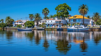 Obraz premium Coastal village waterfront homes sunny day reflection travel