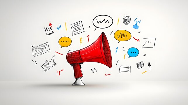 Creative megaphone with dynamic colorful speech bubbles on a neutral clean background concept for advertising and digital communication themes art