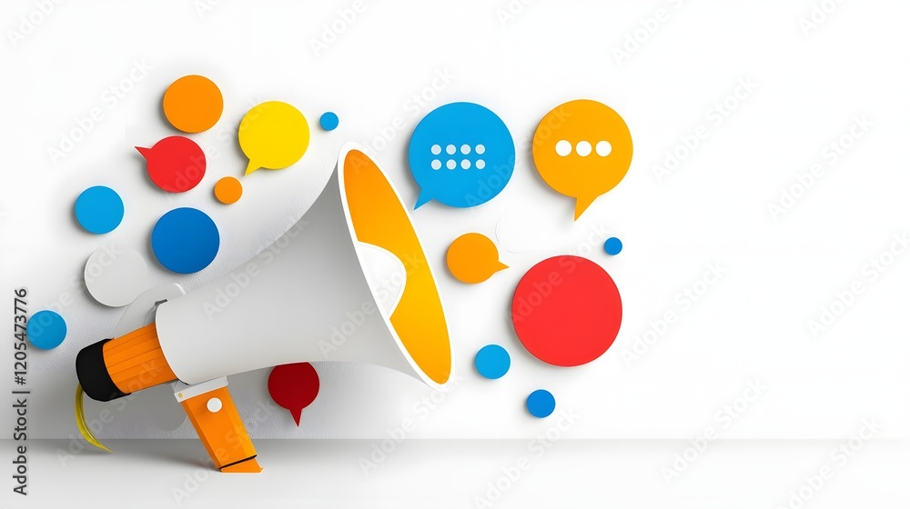 Aufkleber Vibrant Multicolored Megaphone with Abstract Speech Bubbles on a Clean and Dynamic Minimalist Background Representing Modern Digital Communication Marketing and Branding Concepts