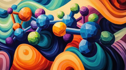 Abstract colorful painting, molecular structure, swirling background.