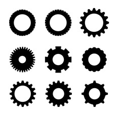 Gears shapes line icons. Flat machine gear icon. Wheel cogwheel vector. Simple outline isolated elements. Black gear Vector.
