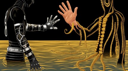 Fototapeta premium A minimalistic comic book illustration featuring a superhero with a robotic arm reaching out to a creature with tentacles in a golden environment