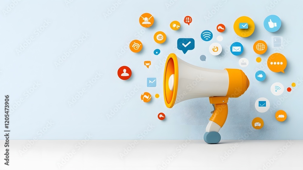 Leinwandbilder abstract of a megaphone with dynamic colorful speech bubbles on a clean minimalist blue background s