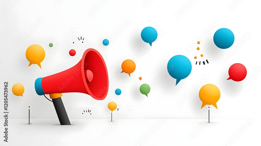 Leinwandbilder creative and vibrant megaphone icon with bold floating speech bubbles on a clean white gradient back