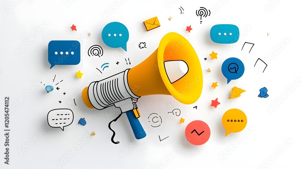 Aufkleber bright modern megaphone surrounded by vibrant bold speech bubbles against a clean gradient backgroun