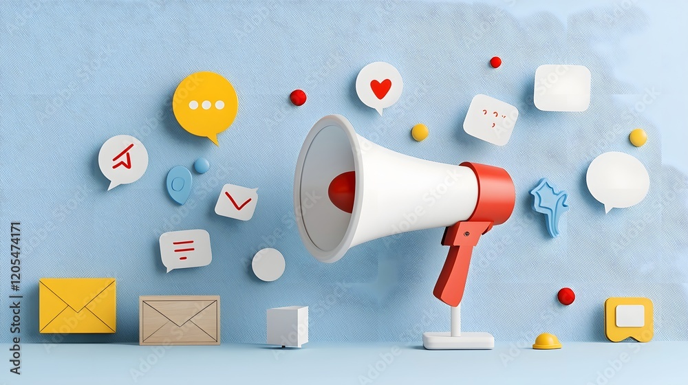 Poster vibrant modern megaphone with bold colorful speech bubbles on clean gradient for marketing communica