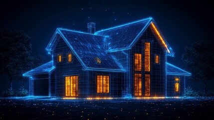 Night view of a smart home digital blueprint.