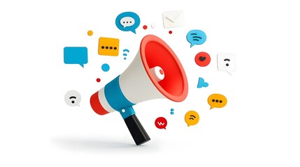 Dynamic Colorful Megaphone with Speech Bubbles Bursting in All Directions on a Clean White Minimalist Background Concept for Digital Advertising Themes