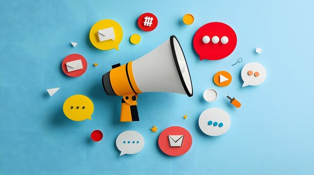 Vibrant Modern Megaphone Surrounded by Colorful Speech Bubbles for Marketing Communication and Branding Themes   Depicting Digital Marketing Advertising Campaign and Corporate Messaging Concepts