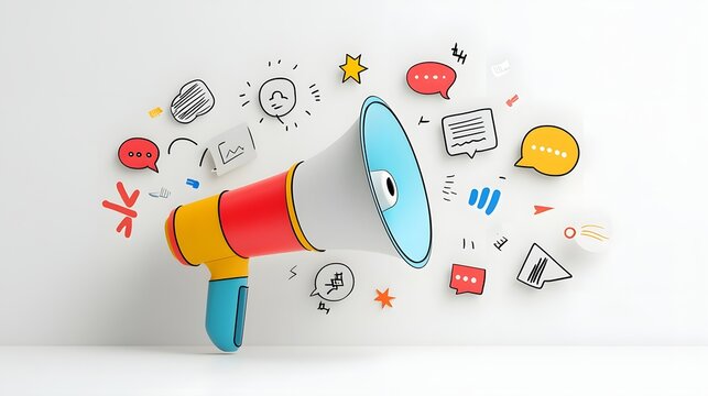Colorful Energetic Megaphone with Bursting Speech Bubbles on a Clean Minimalist White Background Representing Dynamic Digital Advertising and Marketing Themes