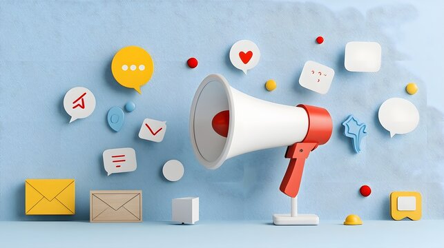 Vibrant modern megaphone with bold colorful speech bubbles on clean gradient for marketing communication branding advertising and digital campaign concepts