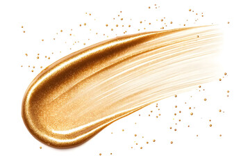 Golden metallic gel or paint smear isolated on white background	