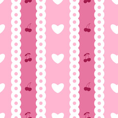 Cute pink stripes cherry berry and hearts seamless pattern. Abstract endless illustration of gradient pink wavy vertical stripes and white circles. Infantile style stripped hand drawn print