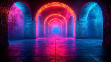 Neon-lit archway corridor with vibrant pink and blue smoke.