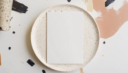 Elegant round ceramic plate featuring a blank menu mockup, perfect for showcasing culinary offerings in a stylish presentation. Ideal for restaurant branding and marketing concepts.